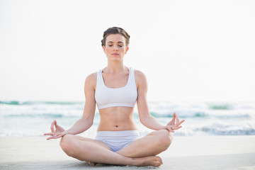 Fototapeta na wymiar Peaceful slim brown haired model in white sportswear meditating