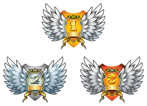 Three symbols of award, shields with wings, vector