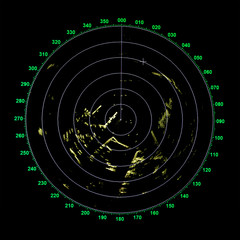Green modern ship radar screen with round map