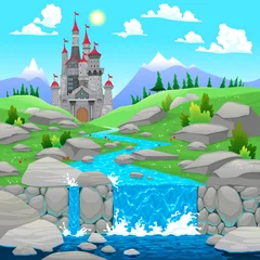 Fotobehang Mountain landscape with river and castle. © ddraw