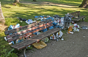 Garbage at park bench