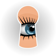 Woman looks through a keyhole