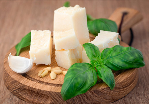 Parmesan cheese and basil leaves