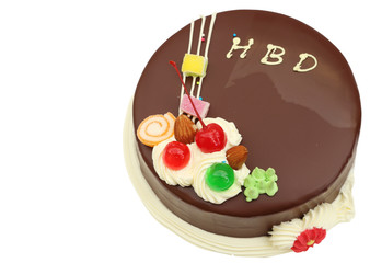 happy birthday chocolate cake on white