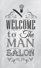 Naklejka premium Poster Barbershop zapraszamy do salonu man w stylu retro i