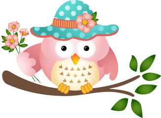 Pink Owl with Flowers