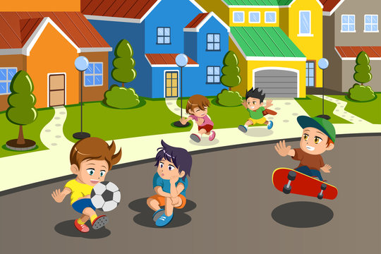 Kids playing in the street of a suburban neighborhood