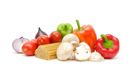 pasta, vegetables and mushrooms on a white background close-up