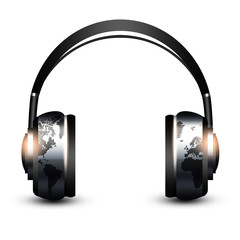 headphones with world map isolated over white