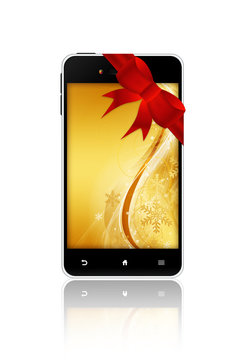 Mobile Phone With Christmas Screen Over White Background