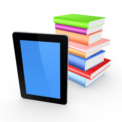 Tablet PC and stack of books.