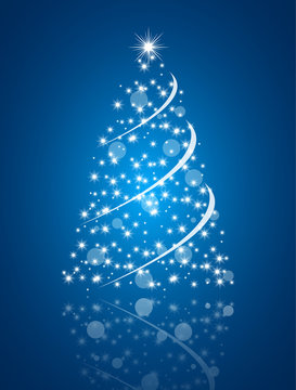 Simple christmas tree on blue background, merry christmas card