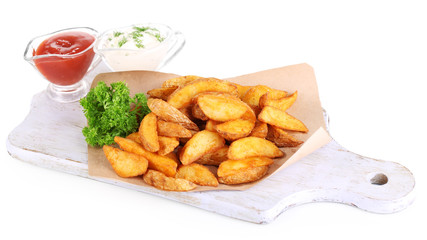 Home potatoes on tracing paper on wooden board isolated on