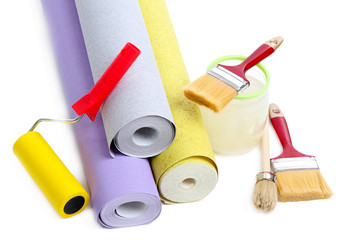 Wallpaper and accessories for glue wallpaper, isolated on white