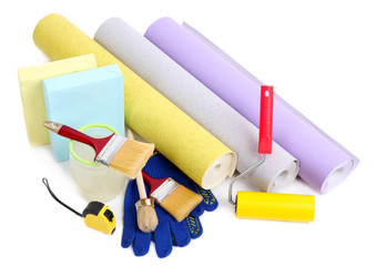 Wallpaper and accessories for glue wallpaper, isolated on white