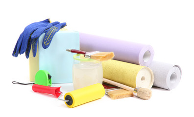 Wallpaper and accessories for glue wallpaper, isolated on white