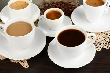 Assortment of different hot coffee drinks close up