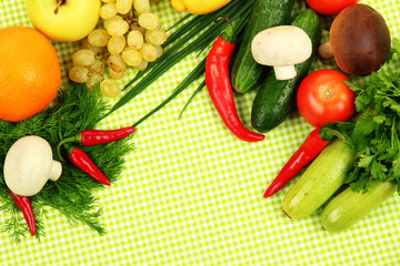 Cooking concept. Groceries on tablecloth background