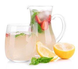Basil lemonade with strawberry, isolated on white