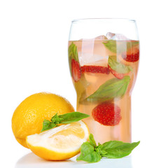 Basil lemonade with strawberry in glass, isolated on white