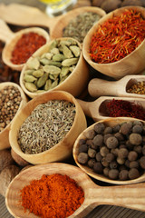 Many different spices and fragrant herbs close-up background