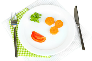 Small portion of food on big plate isolated on white