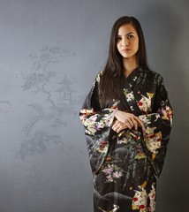 Portrait of attractive Asian woman in kimono