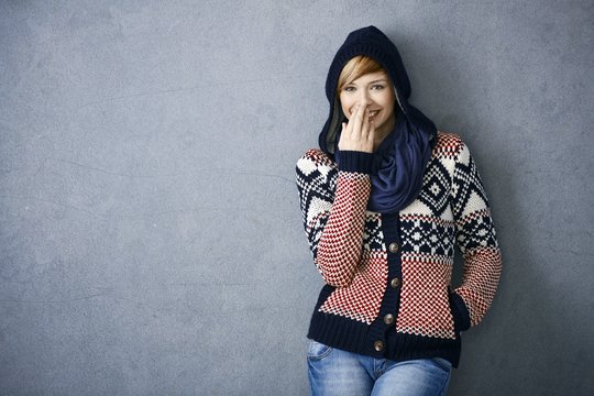 Happy Young Woman In Scandinavian Sweater