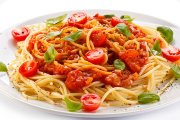 Pasta with meat, tomato sauce, parmesan and vegetables