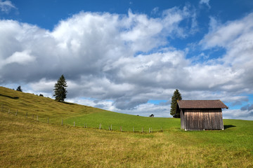 wooden hut on alpine meadow