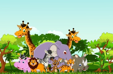 Fototapeta na wymiar funny animal cartoon collection with tropical forest background