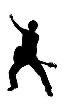 Black silhouette of a playing guitarist, on white background
