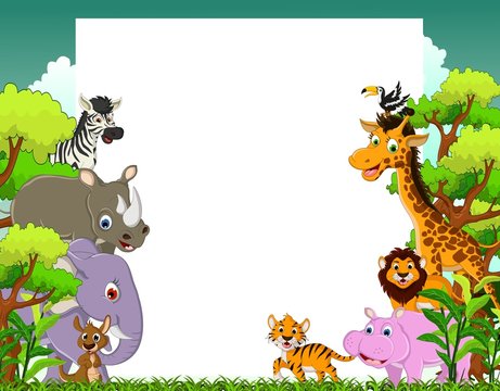 animal cartoon with blank sign and tropical forest background