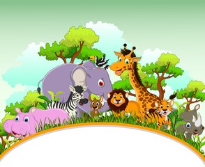 Fototapeta premium animal cartoon with blank sign and tropical forest background