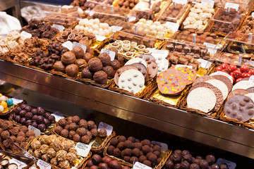 Market stall full of candys in La Boqueria Market.Barcelona