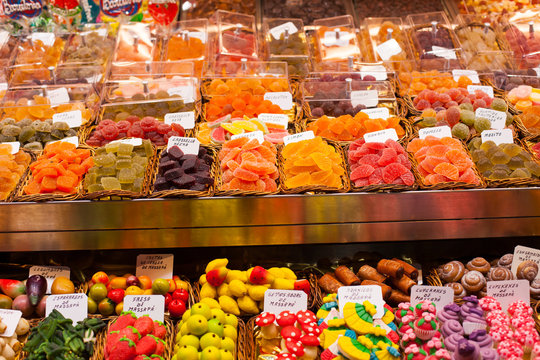 Market stall full of candys in La Boqueria Market.Barcelona