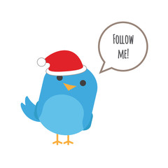 Blue bird with comic balloon and santa hat