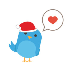 Blue bird with comic balloon and santa hat