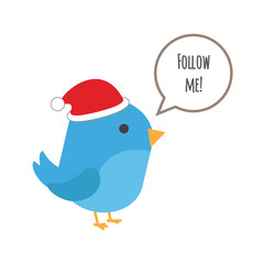 Blue bird with comic balloon and santa hat