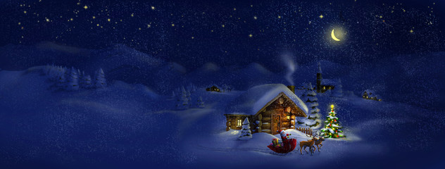 Santa with presents, deers, Christmas tree, hut. Panorama