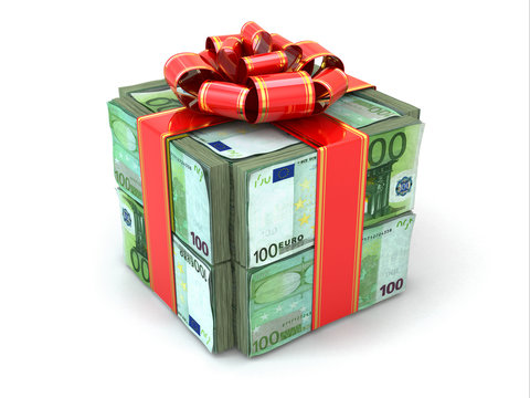 Money gift. Pack of euros and red ribbon.