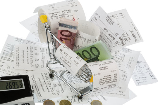 shopping cart, receipts and money