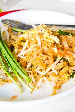 Homemade Asian Pad Thai with shrimp and cilantro