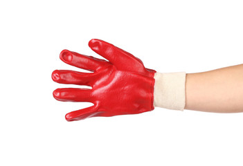 Rubber protective red glove on hand.