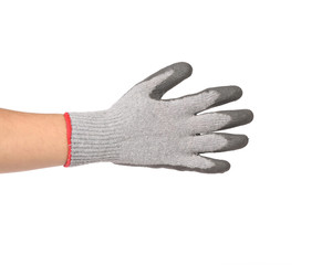 Gray rubber protective glove on hand.