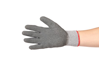 Obraz premium Gray rubber protective glove on hand.