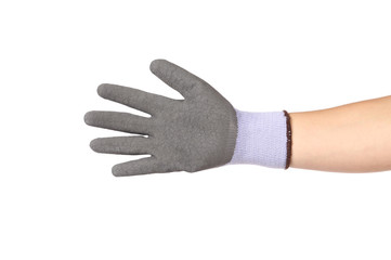 Rubber protective glove on hand.