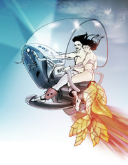 Man and woman on fish-shaped spaceship in outer space