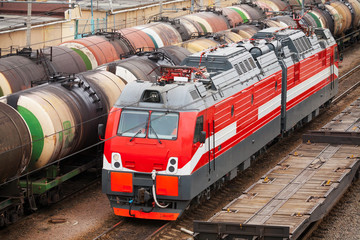 Modern red diesel electric locomotive