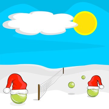 christmas tennis match balls in snow with santa hats